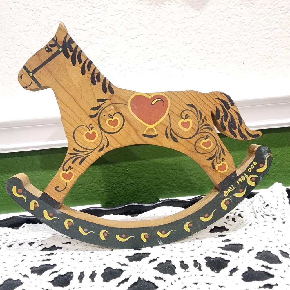 Vintage Hand-Painted Wooden Rocking Horse with Heart Motif